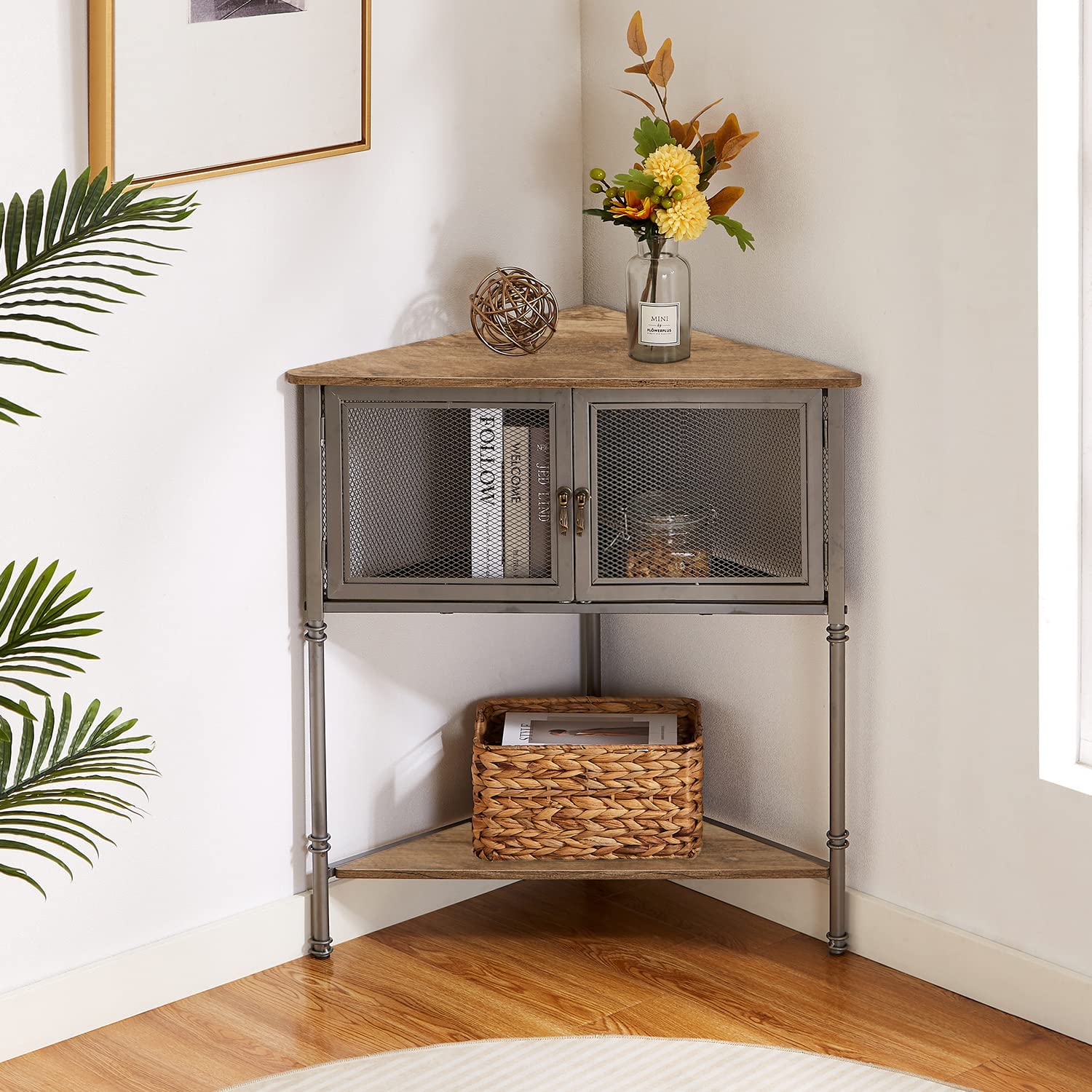 VECELO Corner Storage Cabinet with Wooden Shelves Free-Standing Organi