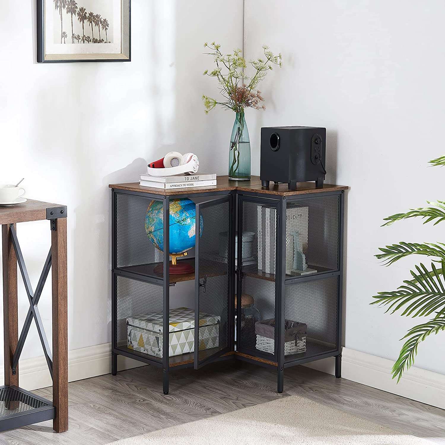 VECELO Corner Storage Cabinet with Wooden Shelves Free-Standing Organi