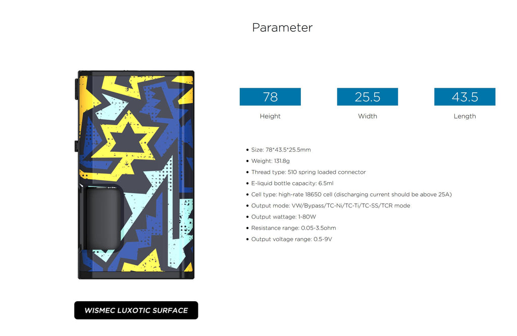 Wismec Luxotic Surface 80W Squonk Mod Parameter