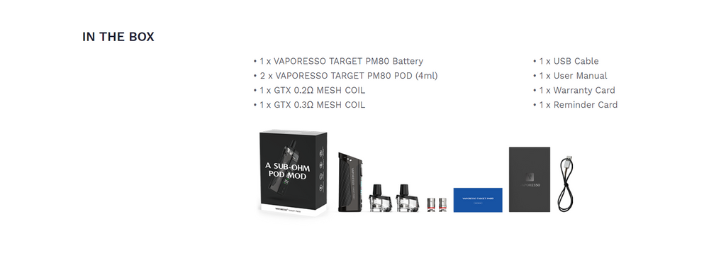 Vaporesso TARGET PM80 Pod System VW Starter Kit 80W 2000mAh 4ml Package Includes