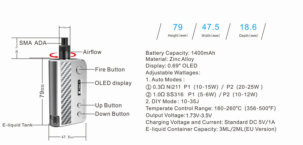 Vsticking VKsma TC Mod Kit Specification with YiHi ESS Chipset Auto Bottom Filling 1400mAh 3ml