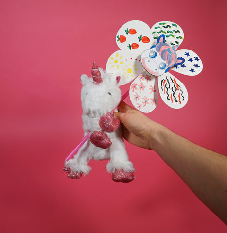 Unicorn plush animal and unicorn pinwheel craft