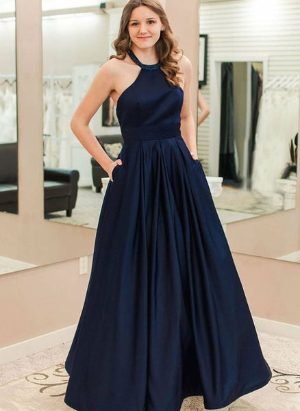 navy blue halter neck prom dress