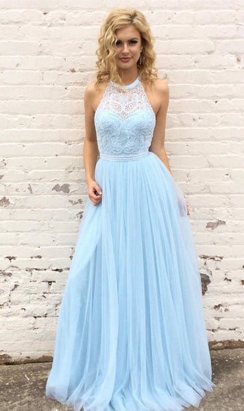 blue halter neck prom dress