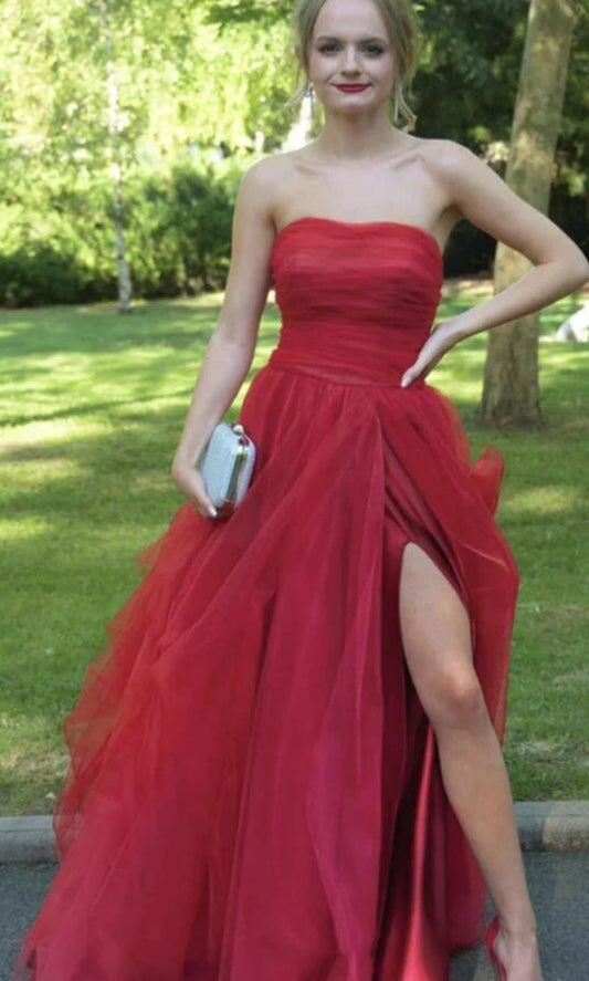 Sexy Strapless Layered Red Long Prom Dresses with High Slit, Red