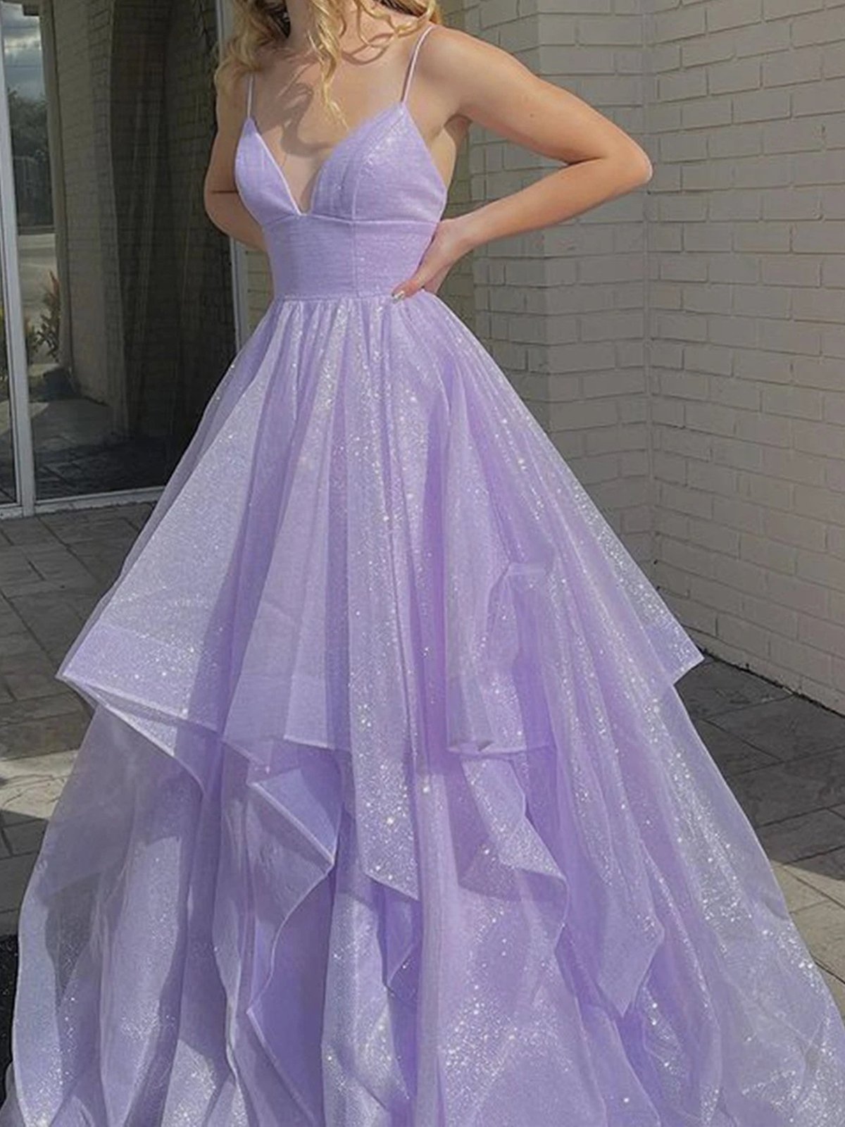 Shiny V Neck Purple Long Prom Dresses,Purple Long Formal Evening Dress ...