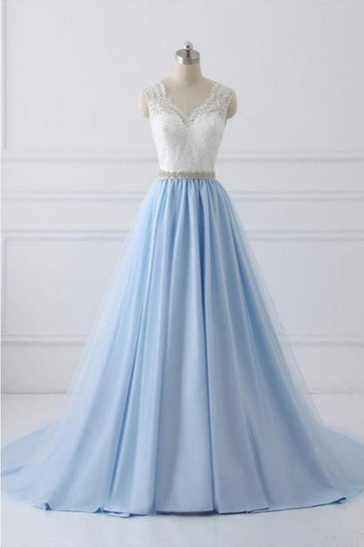 White and Light Blue Prom Dress Long 