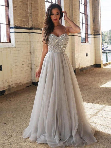 silver grey long evening dress