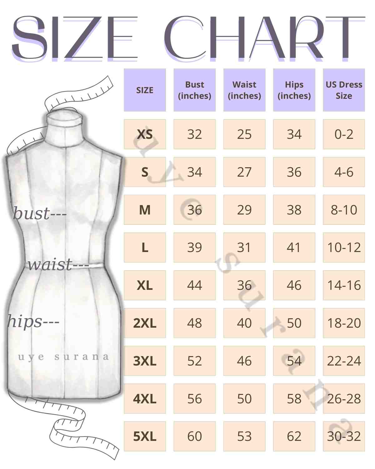 Uye Surana General Size Chart