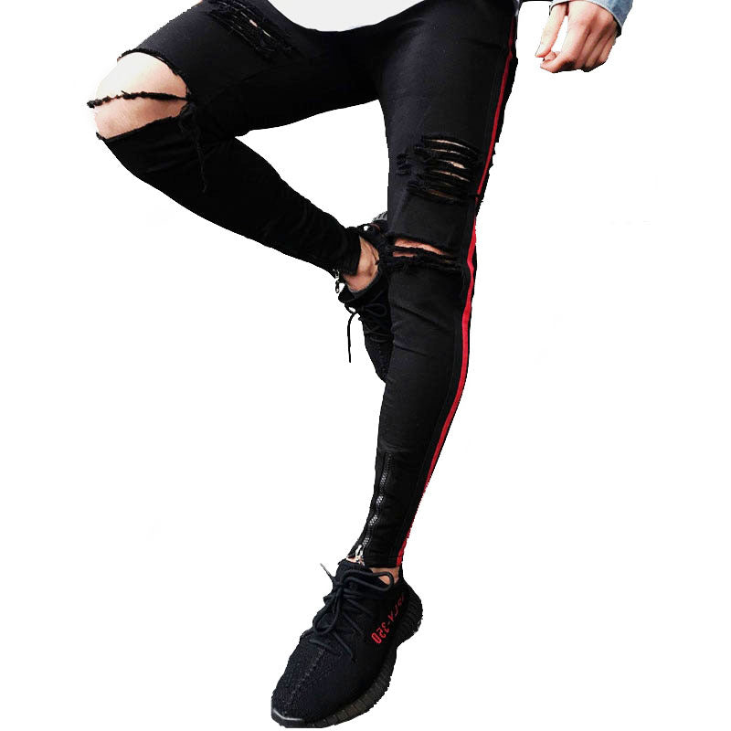 black skinny jeans with red stripe