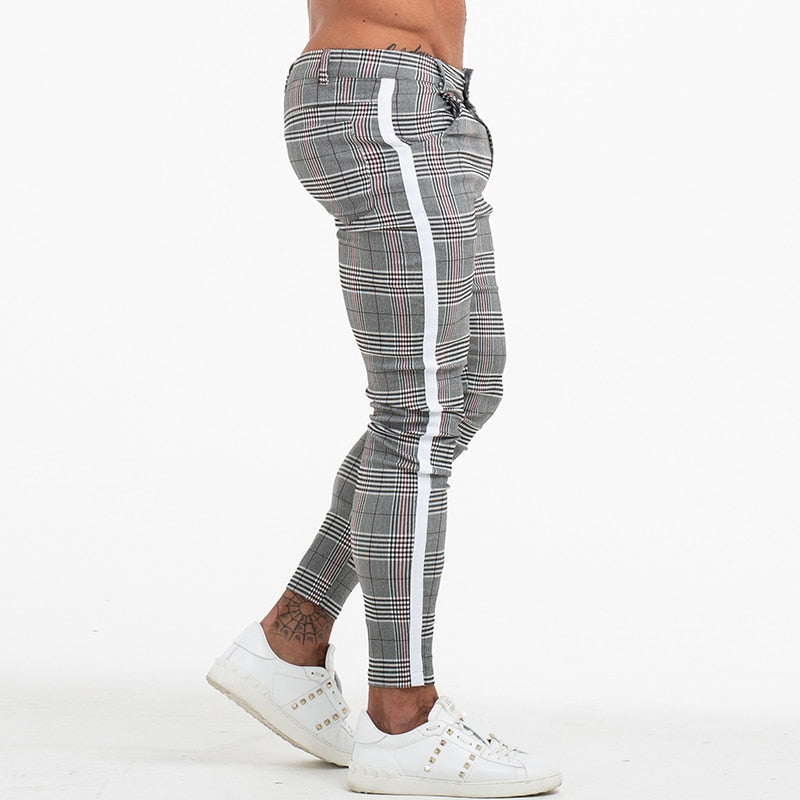 plaid pants with red stripe