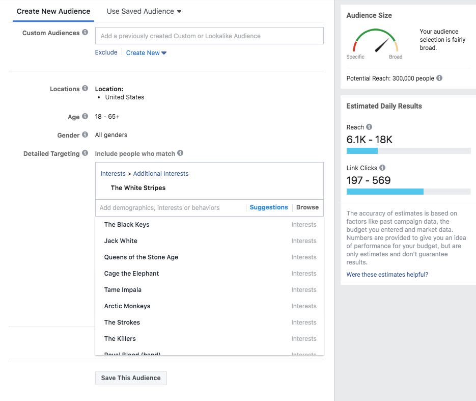 Facebook advertising Audience settings