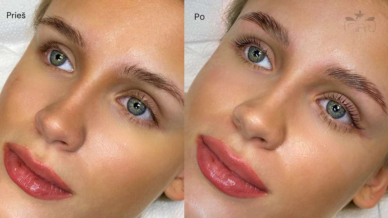 Prieš ir po moters veido palyginimas, kai kairėje pusėje matomos natūralios blakstienos, o dešinėje - patobulintos blakstienos po laminavimo, parodant subtilų blakstienų laminavimo efektą
