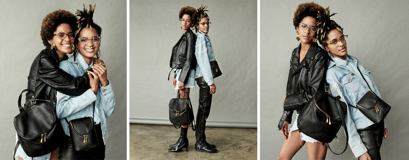 Eyewear designers Coco and Breezy with the leather River backpack and Fern Crossbody bag