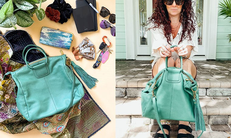 @dkrenewal styles the Garden Green Sheila leather handbag.