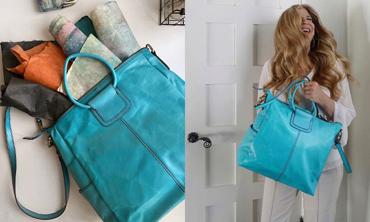 @skaynedesigns styles the Aqua Sheila leather handbag.