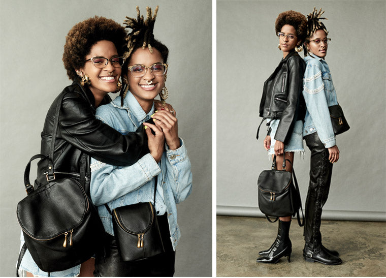 Eyewear designers Coco and Breezy with the leather River backpack and Fern crossbody bag
