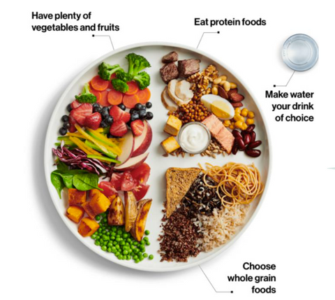 A plate of healthy food showing proportions of how to eat healthfully