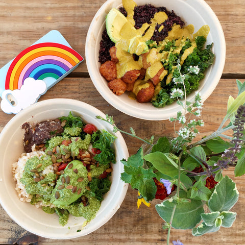 Two bowls. One is the dale bowl, which is mostly green. THe other, the caribbean bowl, has black rice, tempeh, and yellow sauce. 
