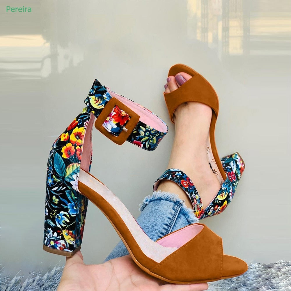 Women Floral Open Toe Flat Sandals Ankle Strap Buckle Shoes Summer