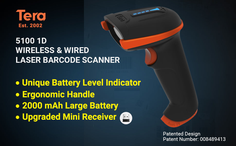 Tera 5100 Barcode Scanner 1D Wireless Laser Linear Bar Code Reader