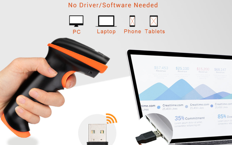 Wireless barcode scanner connected to laptop with USB—praised in barcode scanner reviews for easy multi-device use.