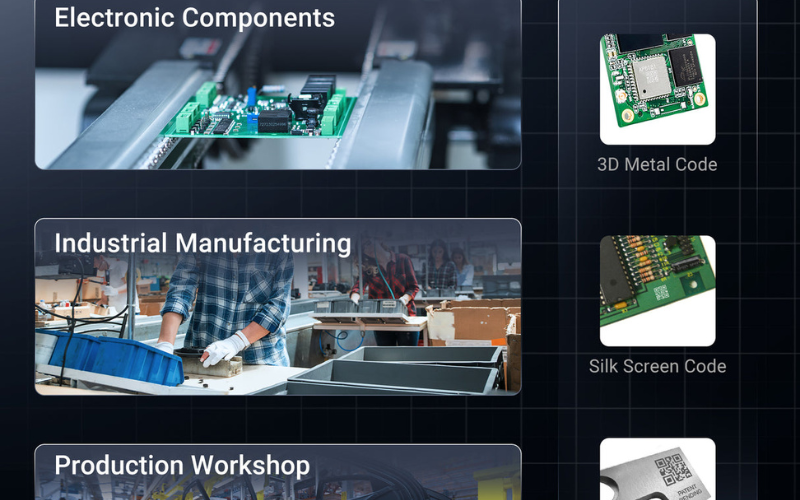The image displays various application areas for an inventory scanner, including electronic components, industrial manufacturing, and production workshops, with examples of code types like 3D metal and silk screen.