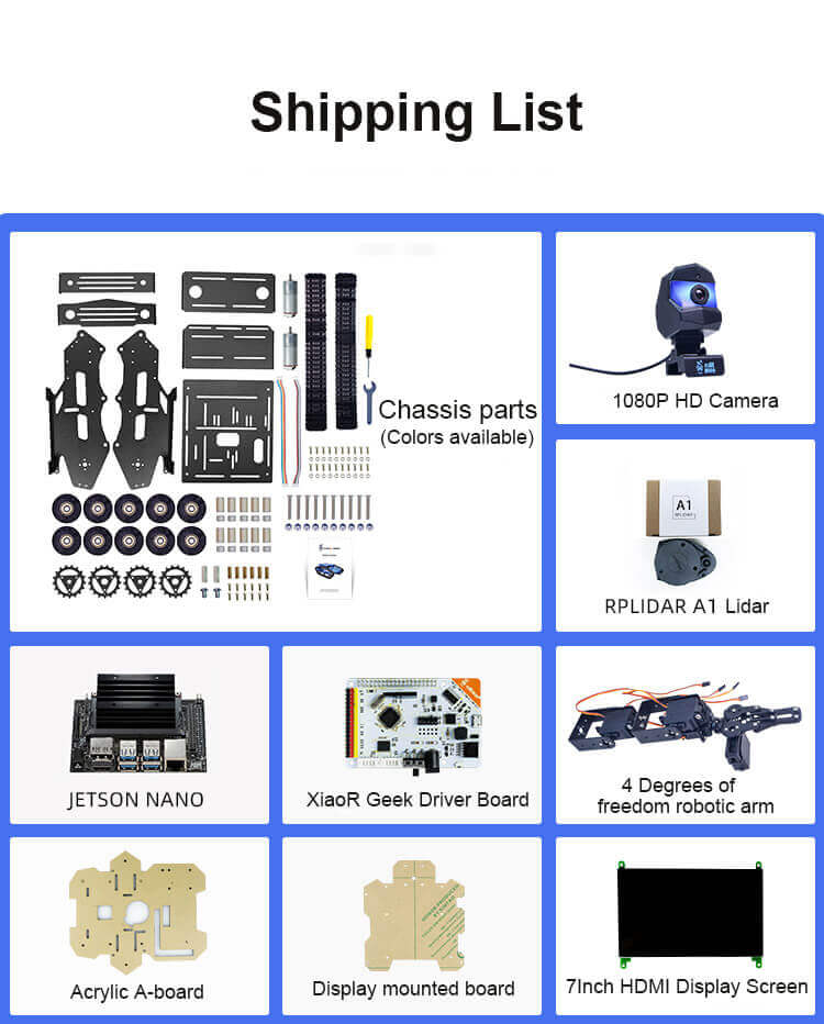 Shipping list of XiaoR GEEK Nvidia Jetson NANO A1 Lidar Moveit ROS programmable smart robot tank car kits