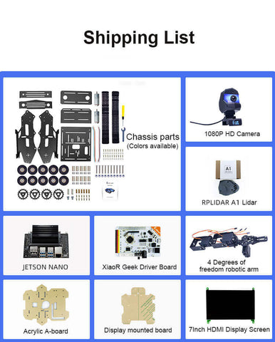 Shipping list of XiaoR GEEK Nvidia Jetson NANO A1 Lidar Moveit ROS programmable smart robot tank car kits