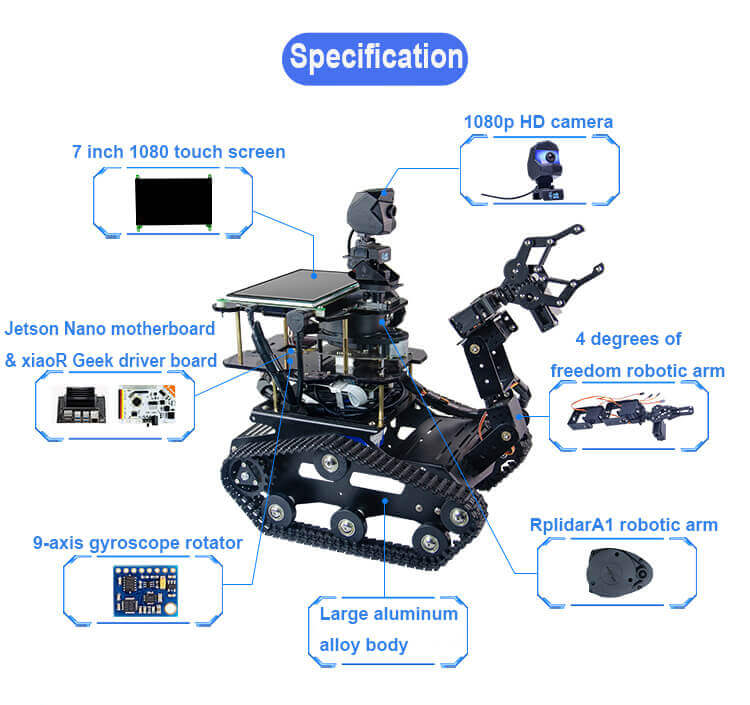 Specification of XiaoR GEEK Nvidia Jetson NANO A1 Lidar Moveit ROS programmable smart robot tank car kits