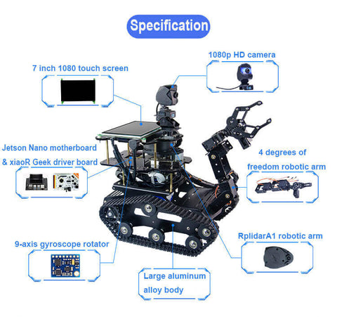 Specification of XiaoR GEEK Nvidia Jetson NANO A1 Lidar Moveit ROS programmable smart robot tank car kits