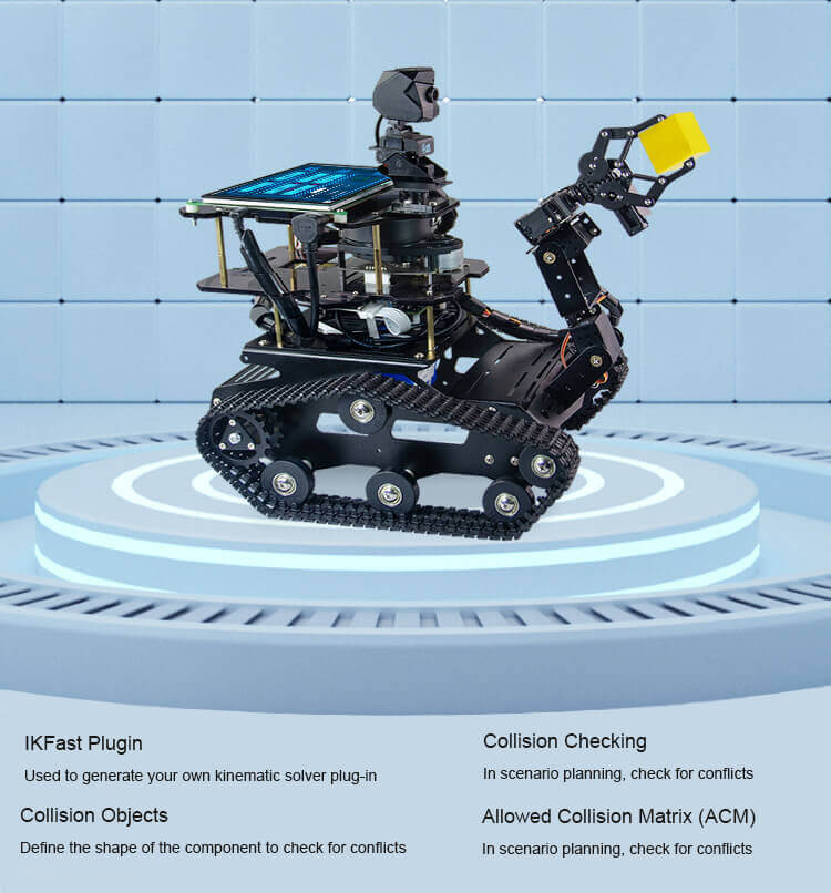 XiaoR GEEK Nvidia Jetson NANO A1 Lidar Moveit ROS programmable smart robot tank car kits IKFast plugin， collision checking， collision objects， allowed collision Matrix（ACM)