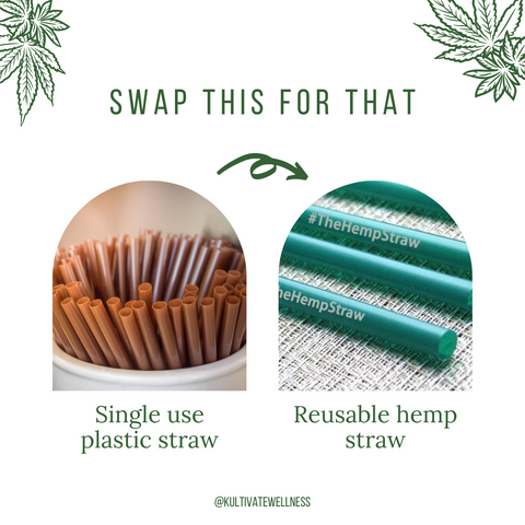 comparison image of plastic and hemp straws in side by side Image with hemp leaves