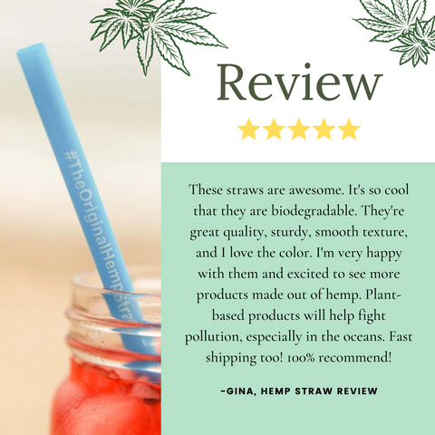 review text on green with hemp straw from kultivate wellness on left in a mason jar on the beach