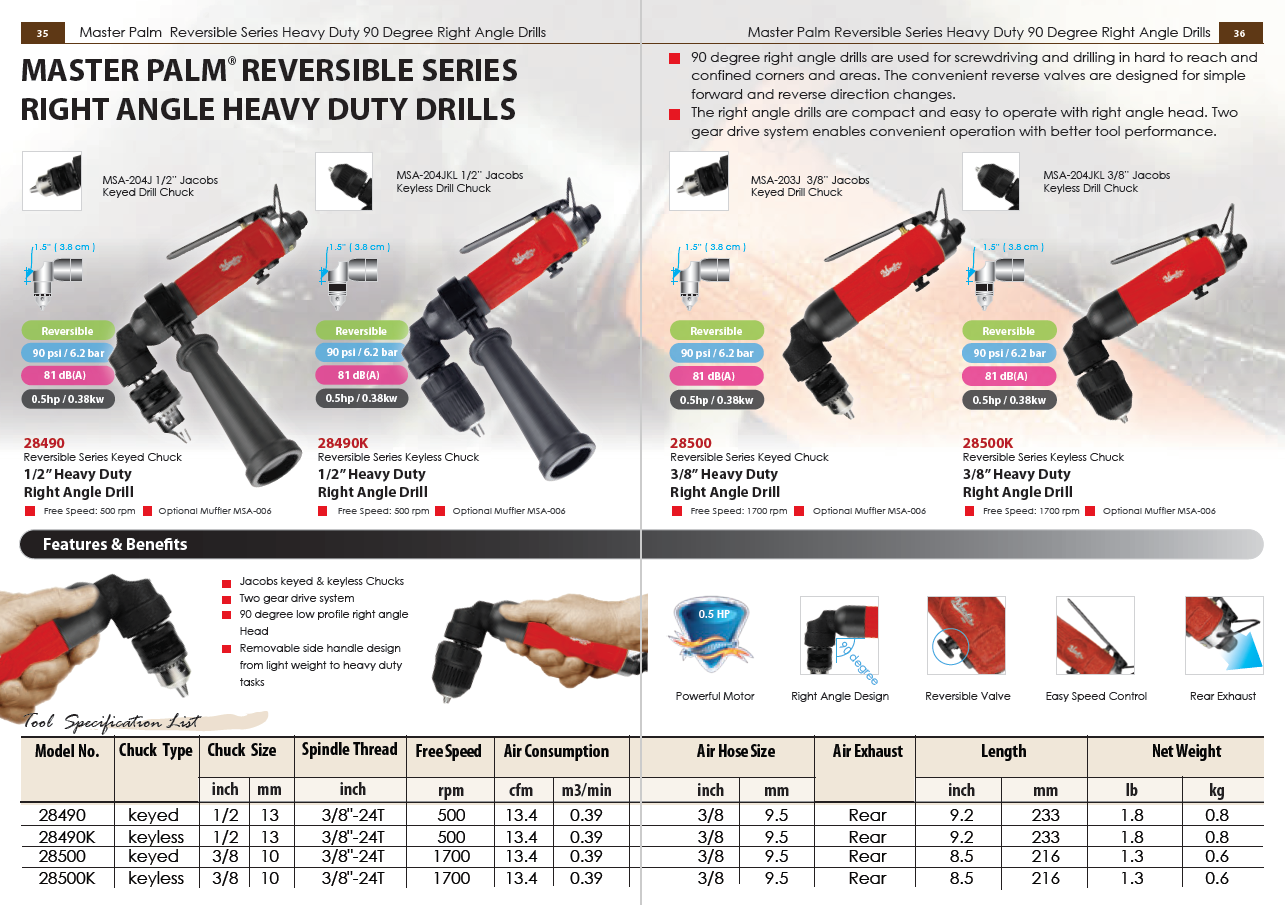 1/2 Industrial 90 Degree right Angle Air Drill Reversible with Keyed Chuck, 500 Rpm, 0.5 Hp, 28490 - Low Rpm