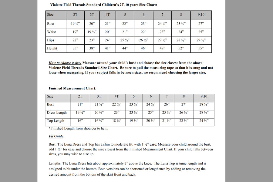 Luna Size Chart