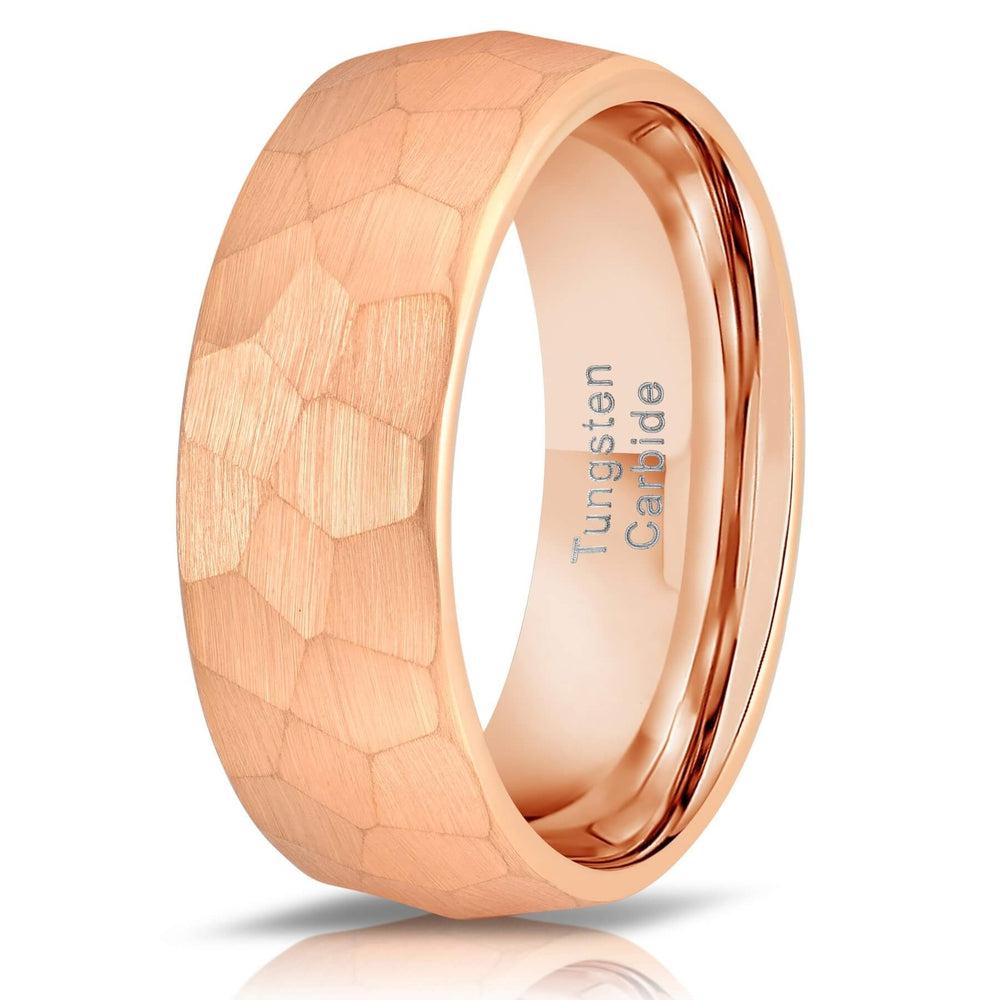 Men Tungsten Rose Goldtone Wedding Band Hammered Eternity Ring CZ Comfort-Fit  