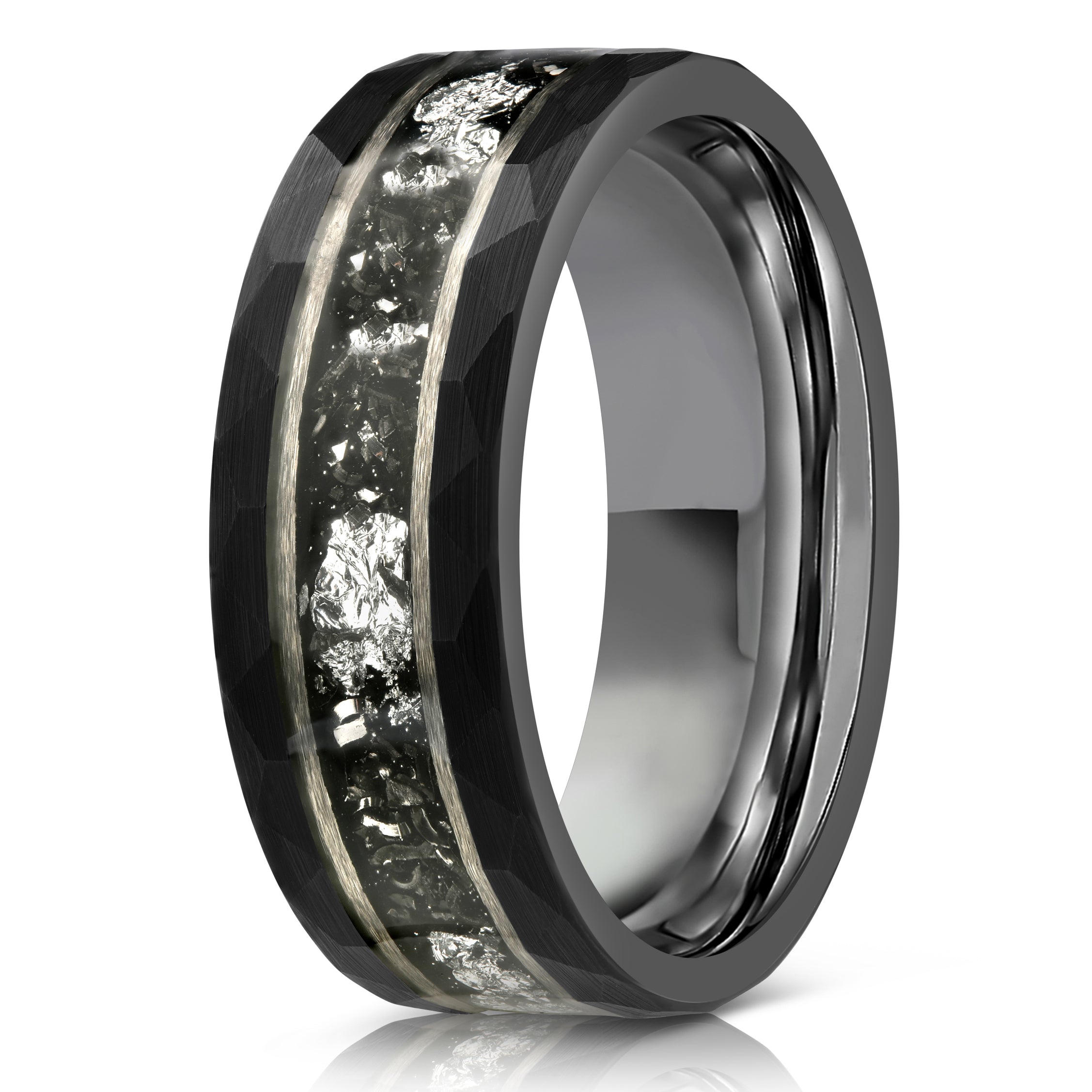 Zeus Hammered Tungsten Carbide Ring- Black w/ Black Opal Strip- 8mm - RBL