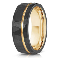 Zeus Hammered Tungsten Carbide Ring- Black w/ Meteorite & Gold Leaf- - RBL