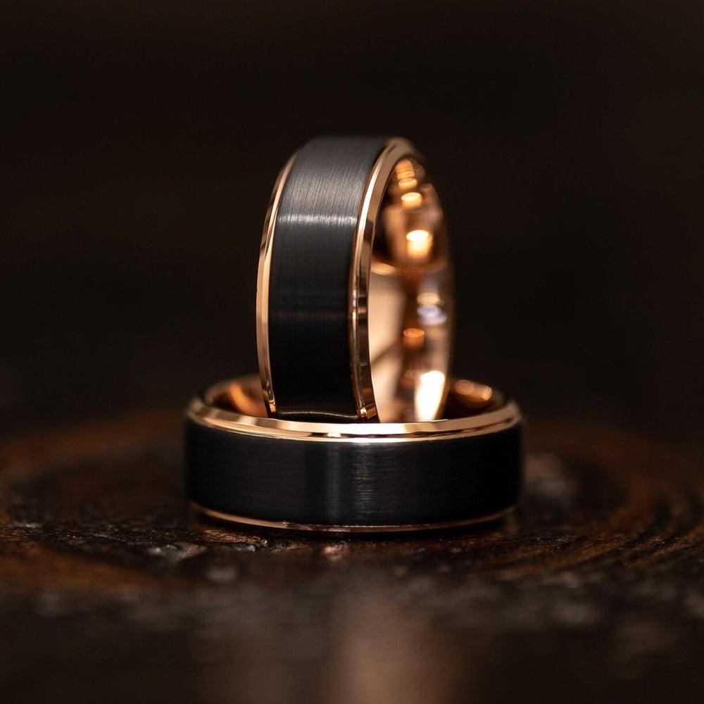 Zeus Hammered Tungsten Carbide Ring- Black w/ Rose Gold Strip