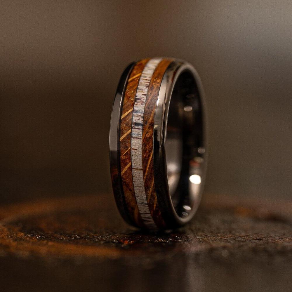 Dionysus Hawaiian Koa Wood x Abalone x Guitar String Ring- Smoked Rose Gold Tungsten 8mm / 6.5