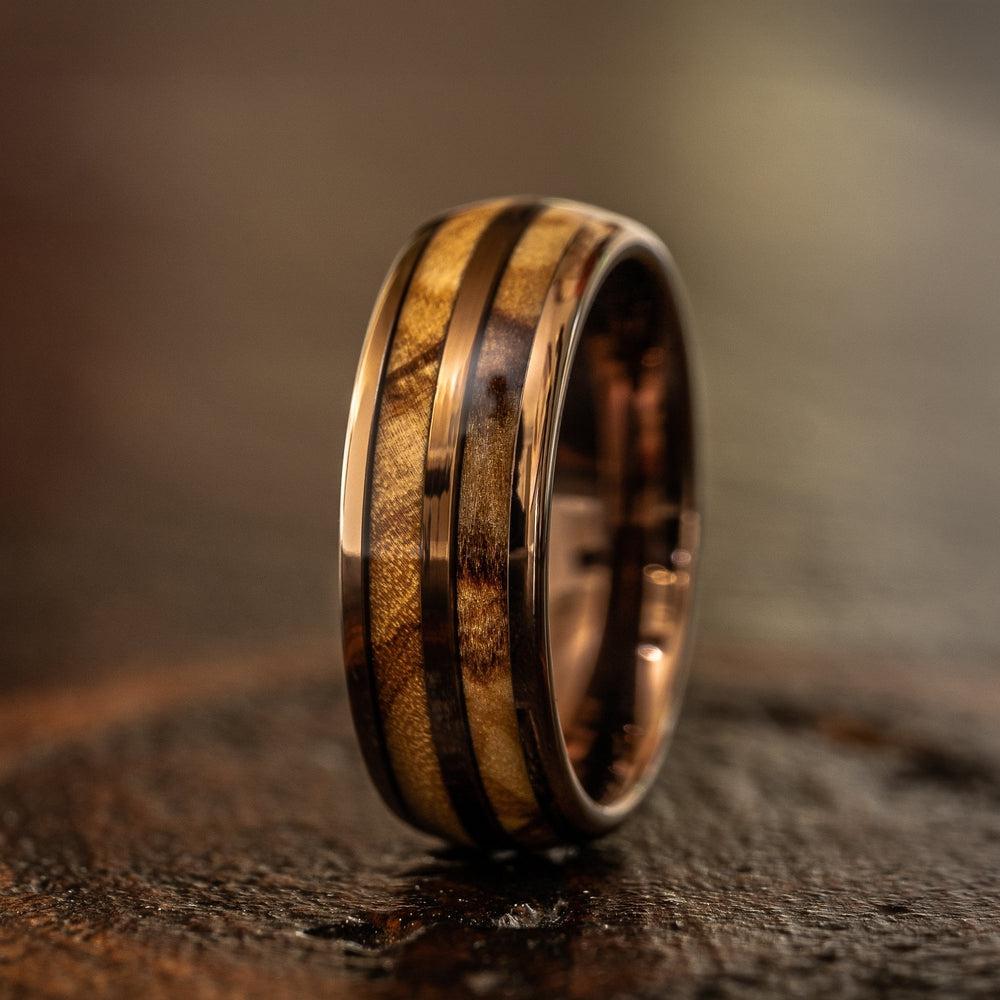 Dionysus Ancient Bog Oak Double Barrel Yellow Gold Tungsten Ring