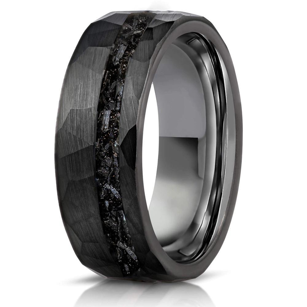 Afvoer Belichamen Validatie Zeus" Hammered Tungsten Carbide Ring- Black w/ Meteorite- 8mm - RBL
