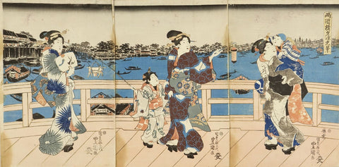 Ryogokubashi yusuzumi kokei (View of an evening cool at Ryogoku Bridge), triptych. c.1844 Toyokuni III.