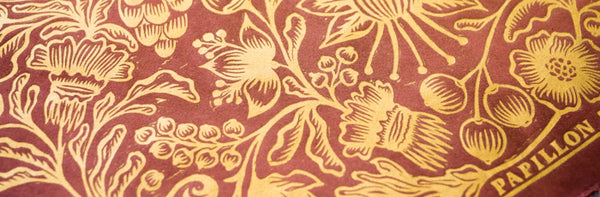 german blooms block print with gold, papillon press