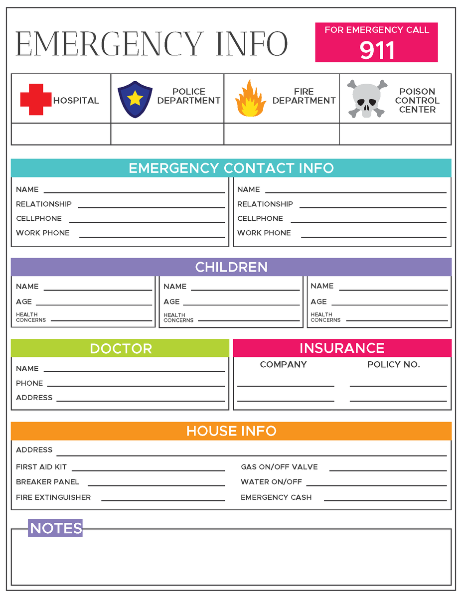 Emergency Information Sheet Editable & Fillable Emergency Info Sheet