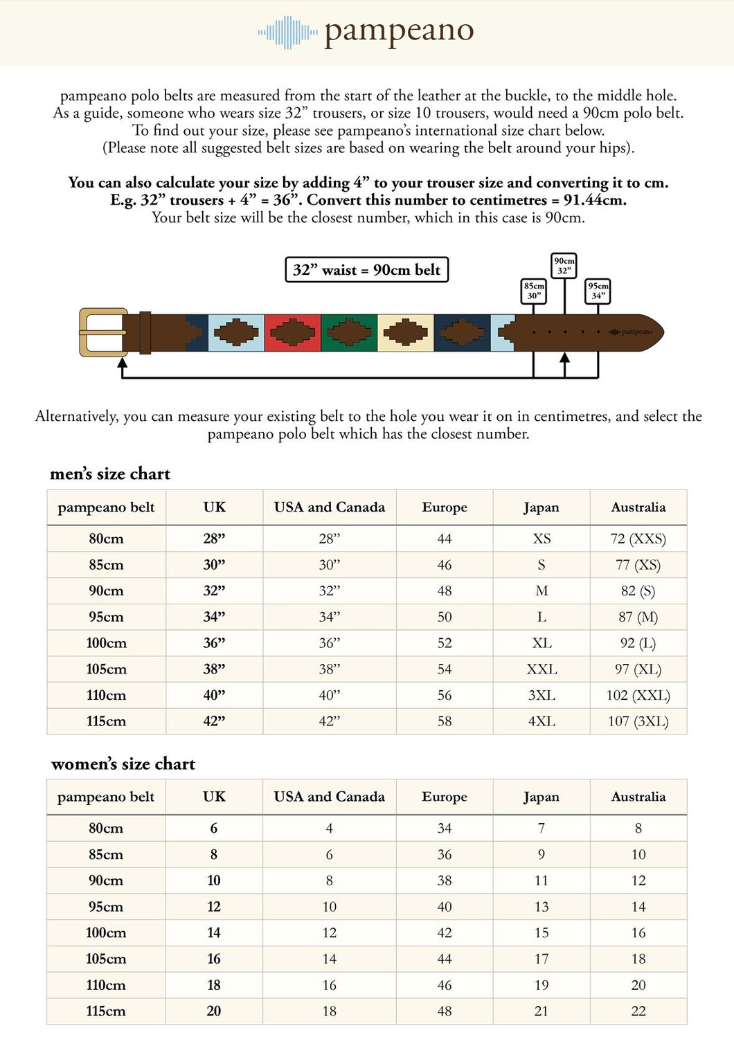 Belt size chart