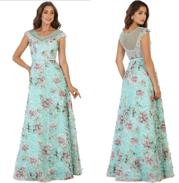 Cap Sleeve Floral Embellished A-Line Evening Gown By May Queen Rq7554 