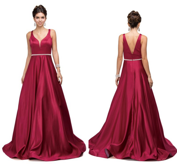 Classic Long Satin Prom Dress with V-Back and Plunging Neckline By Dancing Queen Bridal 9754 