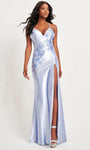 V-neck Sleeveless Spaghetti Strap Sheath Satin Open-Back Beaded Lace-Up Slit Applique Ruched Hidden Back Zipper Empire Waistline Sheath Dress/Prom Dress with a Brush/Sweep Train